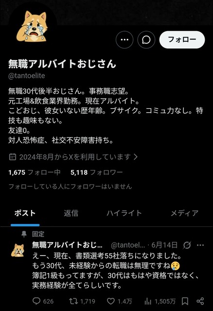 フリーターおじさん（30代後半）「事務職で就職したいのに書類選考で55社に落とされた…こんなんで人手不足とか喚いてるのおかしい」 | フリーターおじさん（30代後半）「事務職で就職したいのに書類選考で55社に落とされた…こんなんで人手不足とか喚いてるのおかしい」 | やっちまった速報(画像25081850044393_2)