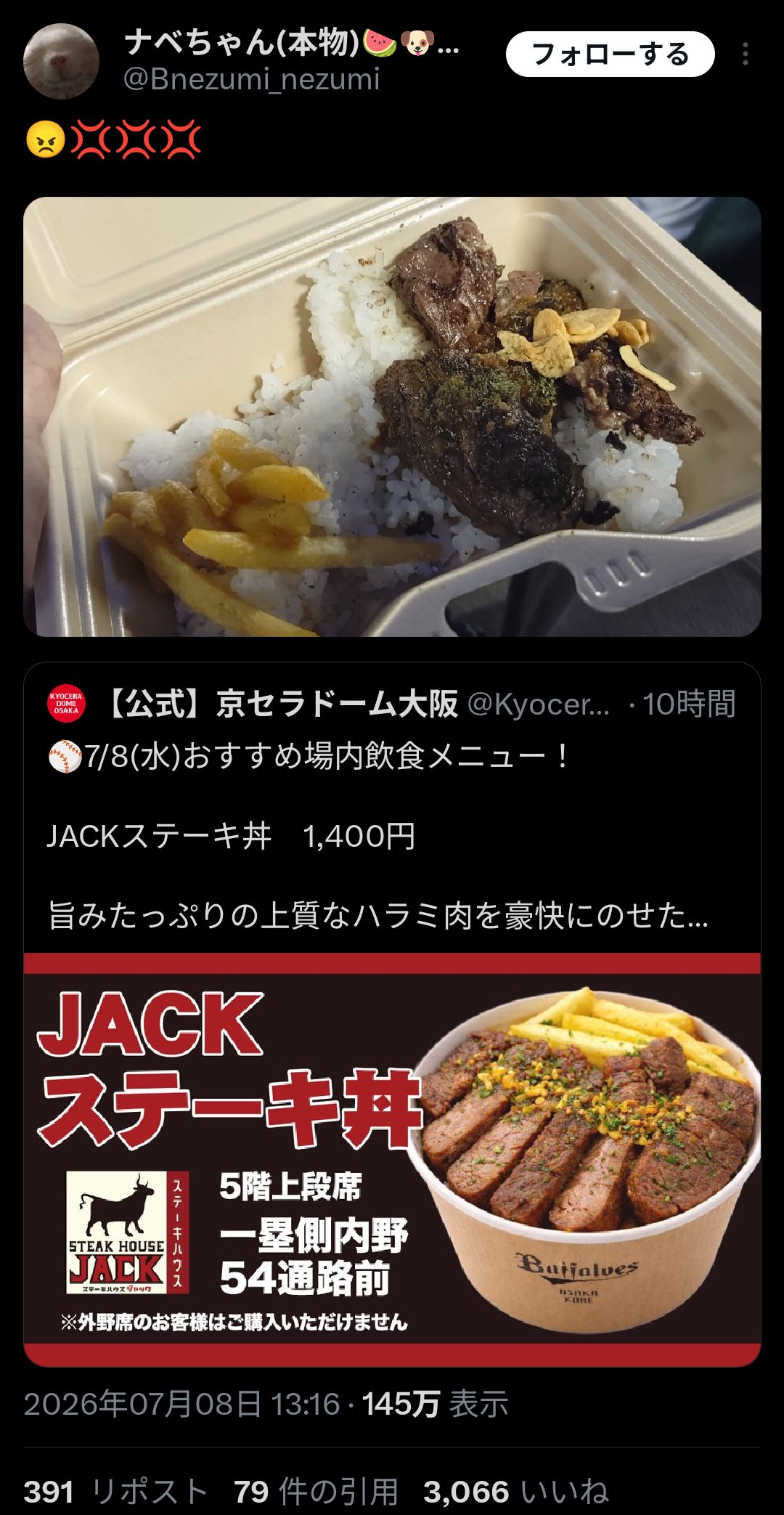 【画像】京セラドームのステーキ丼(1400円) を買った人、とんでもない目に会うｗｗｗｗｗ | 【画像】京セラドームのステーキ丼(1400円) を買った人、とんでもない目に会うｗｗｗｗｗ | やっちまった速報(画像09144426306958_2)